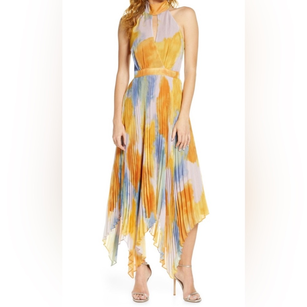 Halter Surplice Watercolor Chiffon Pleated
Asymmetrical Dress Yellow and Blue- L